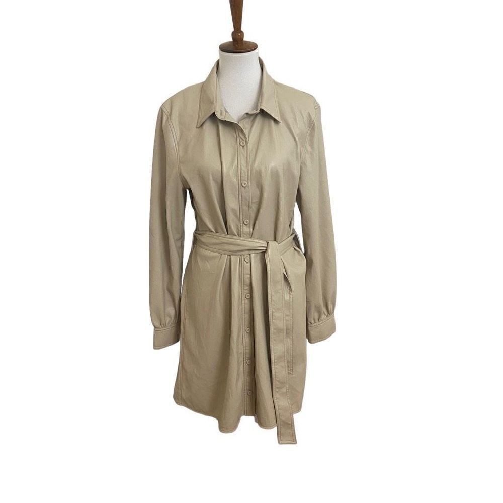Wilfred Aritzia Caroline Vegan Leather Shirt Dress Belted Beige Medium‎